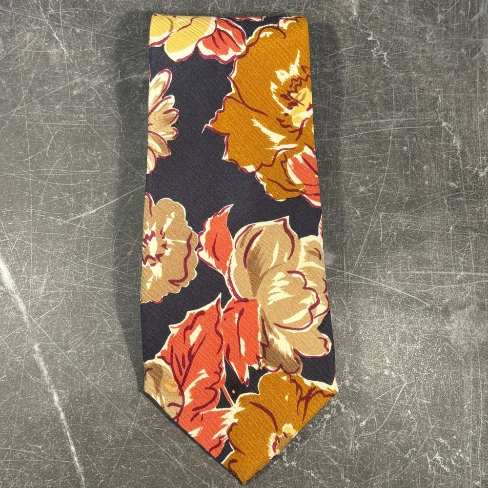 Mens Tie | Hugo Boss Necktie | Navy Gold Rust Floral Silk Made in Italy